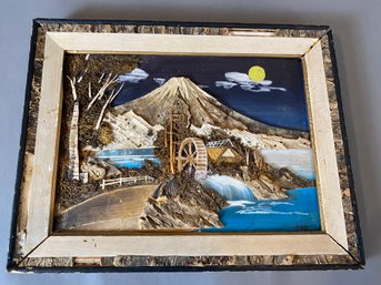 Fun, Rustic Framed Mixed Media Picture, Mosaic & Paint, Mountain Scene With Water Wheel