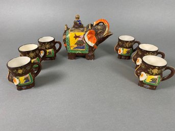 Asian Themed Tea Coffee Set W/ 6 Cups And Teapot, Elephants, Flowers