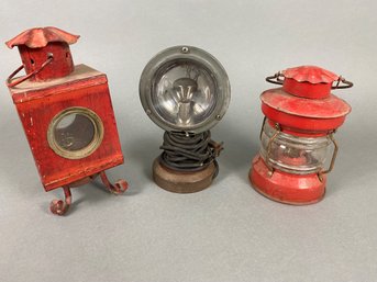 Set Of 2 Vintage Lanterns And Vintage Mueller Headlight Or Spotlight