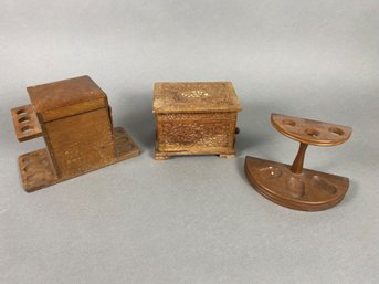 Vintage Set Of 3 Wooden Boxes, Cigarette Dispenser, Pipe Holder. Cigar Or Tobacco Box, India