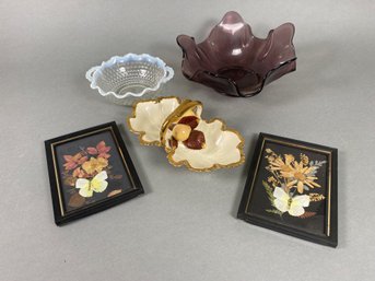Vintage Glass Bowls, Ceramic Dish And Framed Flower Art