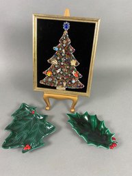 Vintage Jewelry Christmas Tree On Easel & Ceramic Candy Or Nut Dishes