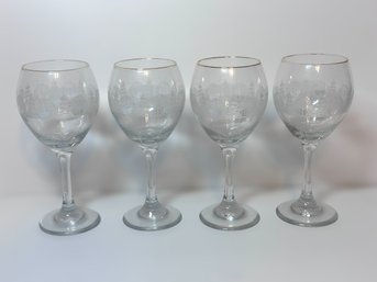 Beautiful Gold In Color Rimmed Libbey Frosted Winter Wine Glasses - Set Of 4