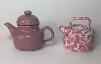 Vintage Dusty Pink And Pink Splattered Teapots - Set Of 2