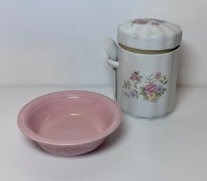 Vintage Sugar Canister W/ Spoon And Pink Oven Serve Ware Dish