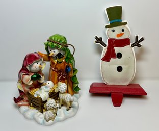 Christmas Snowman Nativity Scene And Vintage Snowman Stocking Holder