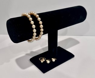 Beautiful Monet Simulated Pearl Bracelets W/ Costume Pearl Earrings And Ring