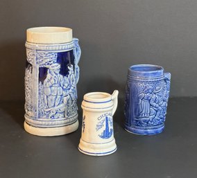 Assortment Of Blue Toned Beer Stein Mugs - Lot Of 3