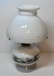 Vintage Milk Glass Currier And Ives Hurricane Style Oil Lamp
