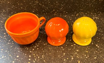 Yellow And Orange Salt And Pepper Shakers And Vintage Orange Cup