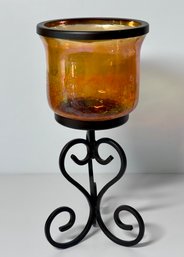 Amber In Color Glass And Metal Candle Stick Holder