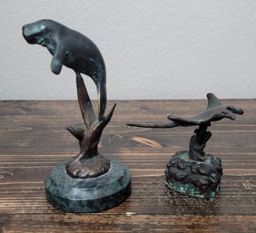 Hand Crafted Sealife Statues Of A Stingray And Manatee