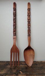 Oversized Zeckos Tikki Carved Wooden Spoon And Fork Wall Decor