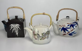 Collection Of Bamboo Handled Oriental Style Teapots - Set Of 3