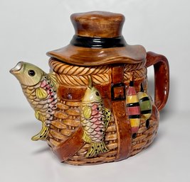 Rare Hand Painted Fishing Gear And Hat Teapot