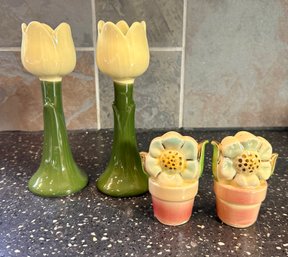 Beautiful Floral Shawnee Salt And Pepper Shakers And Candlestick Tulips