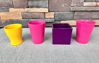 Yellow, Pink, And Purple, Ceramic Flower Pots - Lot Of 4