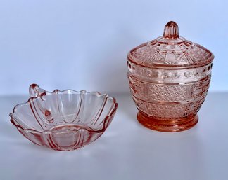 Vintage Pink Anchor Hocking Glass Dish And Vintage Pink Candy Dish