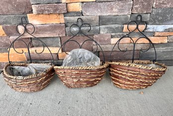 Woven Hanging Baskets With Protective Plastic - Lot Of 3