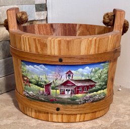 Vintage Hand Painted Wooden Basket W/ Rope Handle