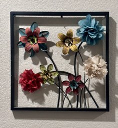 Framed Floral Colorful Burlap And Metal Wall Decor
