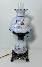Beautiful Milk Glass Blue Floral Parlor Table Lamp