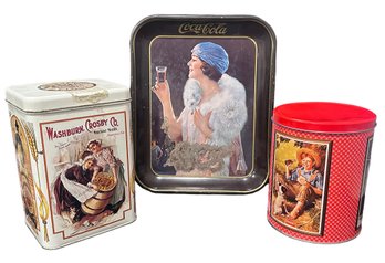 Great Assortment Of Vintage Coco Cola Tins And Washburn Crosby Flour Tin - Set Of 3