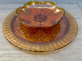 Vintage Amber Glass Candy Dish & Serving Tray