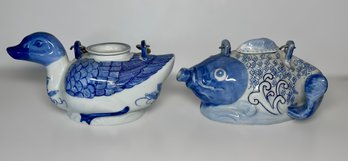 Vintage Hand Painted Chinese Duck And Fish Teapots