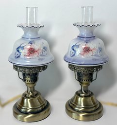 Beautiful Milk Glass Blue Floral Mini Parlor Table Lamps - Set Of Two