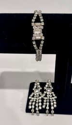 Vintage Rhinestone Art Deco Bracelet And Clip On Dangle Earrings