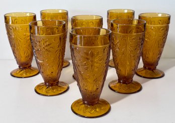 Amber In Color Tiara Indiana Iced Tea Footed Glasses - Set Of 8