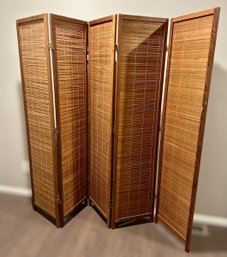Japanese 5 Panel Wooden Screen W/ Bamboo