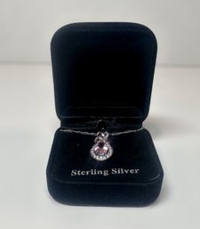 Beautiful Sterling Silver Necklace W/ Pink Rhinestone Gem