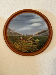 Antique Reverse Glass Painting Of Sleeping Farmer
