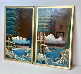 Gorgeous Hand Painted Mountain Scenery On Mirrors - Set Of 2