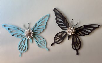Blue And Brown Metal Wall Art Butterflies W/ Burlap Accents