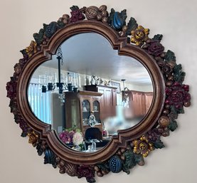 Unique MCM Floral And Fruit Wood Framed Mirror