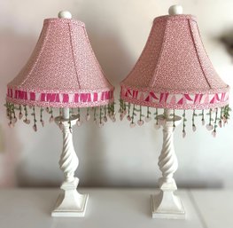 Vintage Pink And White Lamp Shades W/ Beaded Floral Design - Set Of 2