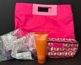 Pink Clinique Tote And Makeup Bag W/ Happy Lotion And Goodies