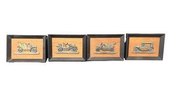 Vintage MCM Brass And Wood Antique Car Wall Art - Set Of 4