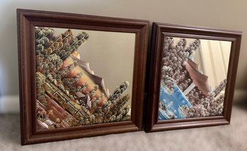 Beautiful Hand Painted Mountain Scenery On Mirrors - Set Of 2