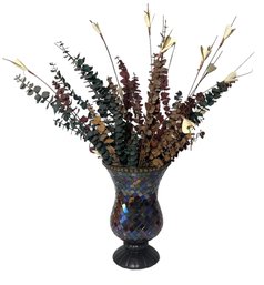 Stunning Partylite Mosaic Stained Glass Vase W/ Decorative Eucalyptus