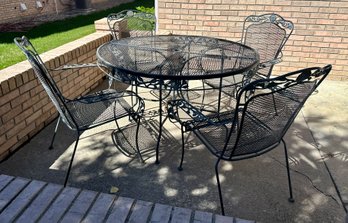 Outdoor Wrought Iron  Round Table W/ Umbrella Hole & 4 Chairs