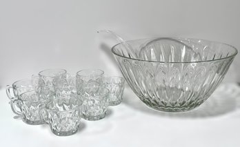 Vintage Anchor Hocking Glass Punch Bowl W/ 8 Punch Glasses