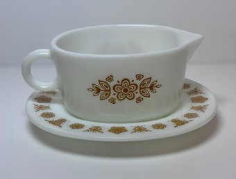 Vintage Pyrex Gold Butterfly Gravy Boat And Plate