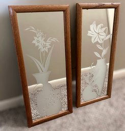 Vintage Randolph Buford Frosted Floral In Vase Mirrors - Set Of 2