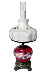 Vintage Hand-Painted Milk Glass And Pink Floral Parlor Lamp