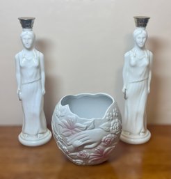 Vintage Floral FTD Vase And Avon White Milk Greek Goddess Glass Figurines