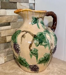 Vintage Hand Painted Grapes On A Vine Pottery Floor Pitcher